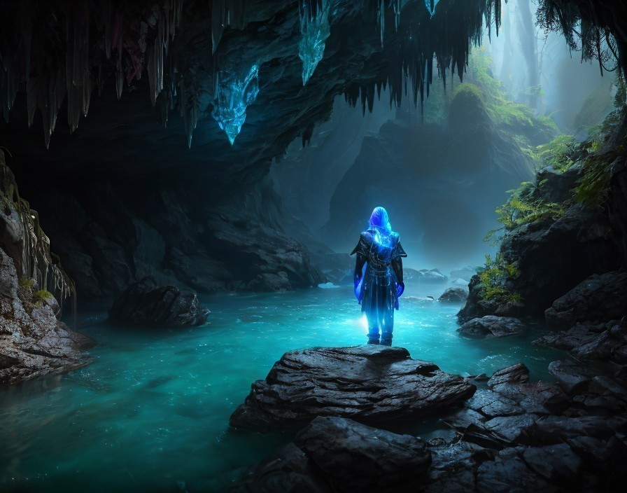 Cloaked figure in mystical blue underground cave with crystals