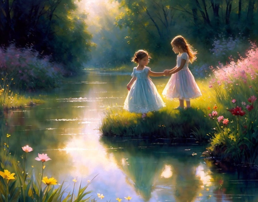 Young girls in pastel dresses by a sunlit river