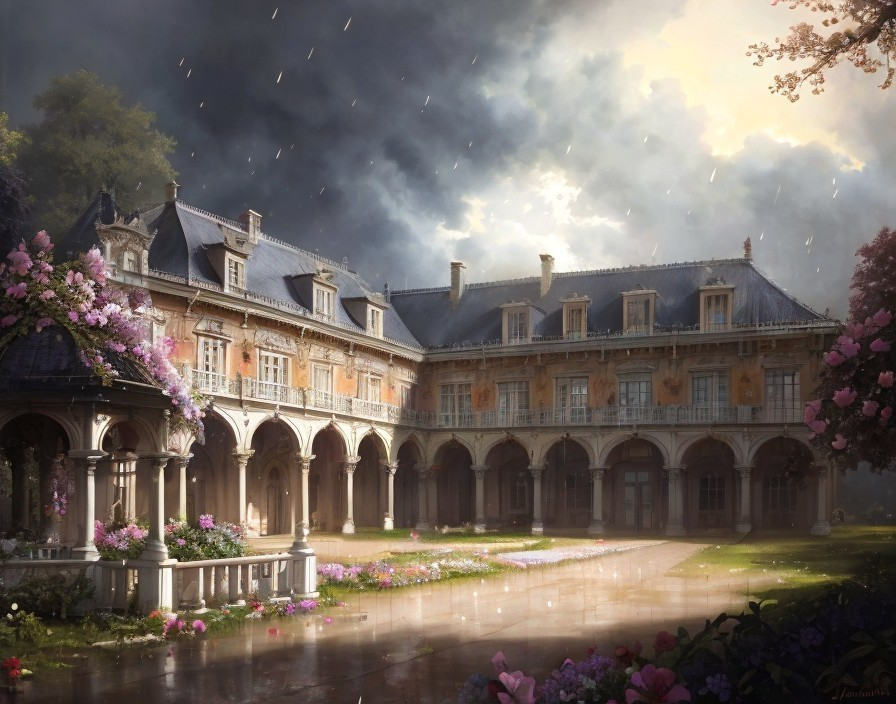 Manor with arches and pink flowers under dramatic sky in rain