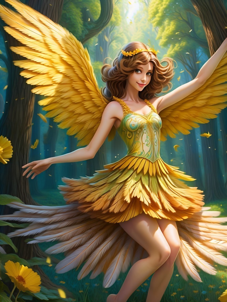 Whimsical Fairy with Golden Wings in Sunlit Forest