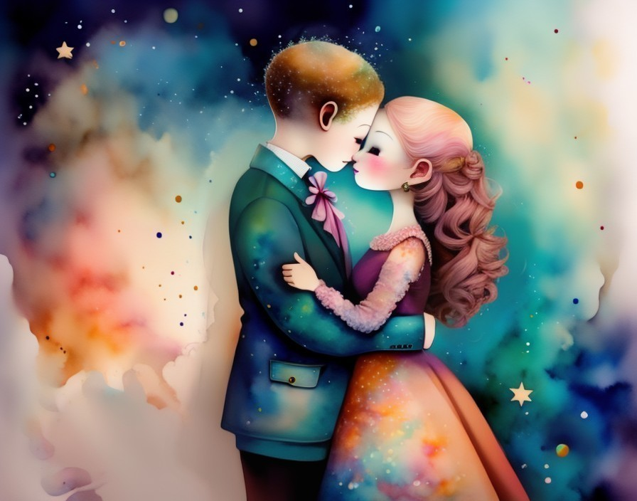 Whimsical Couple Embracing in Dreamy Night Sky