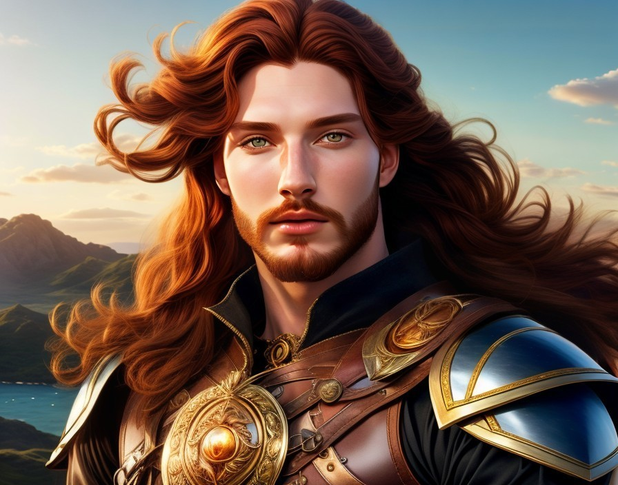 Warrior in Armor Against Majestic Mountain Landscape