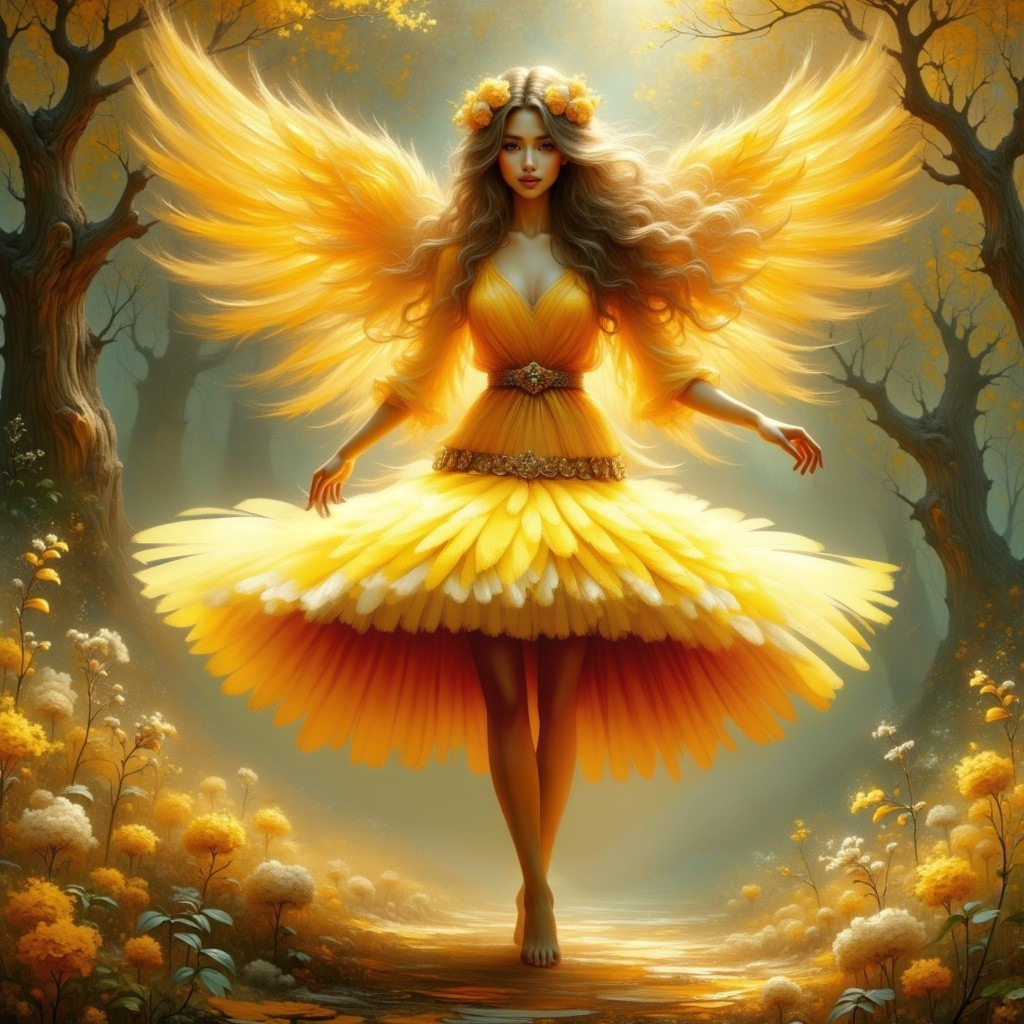Radiant Figure in Mystical Forest with Petal Dress