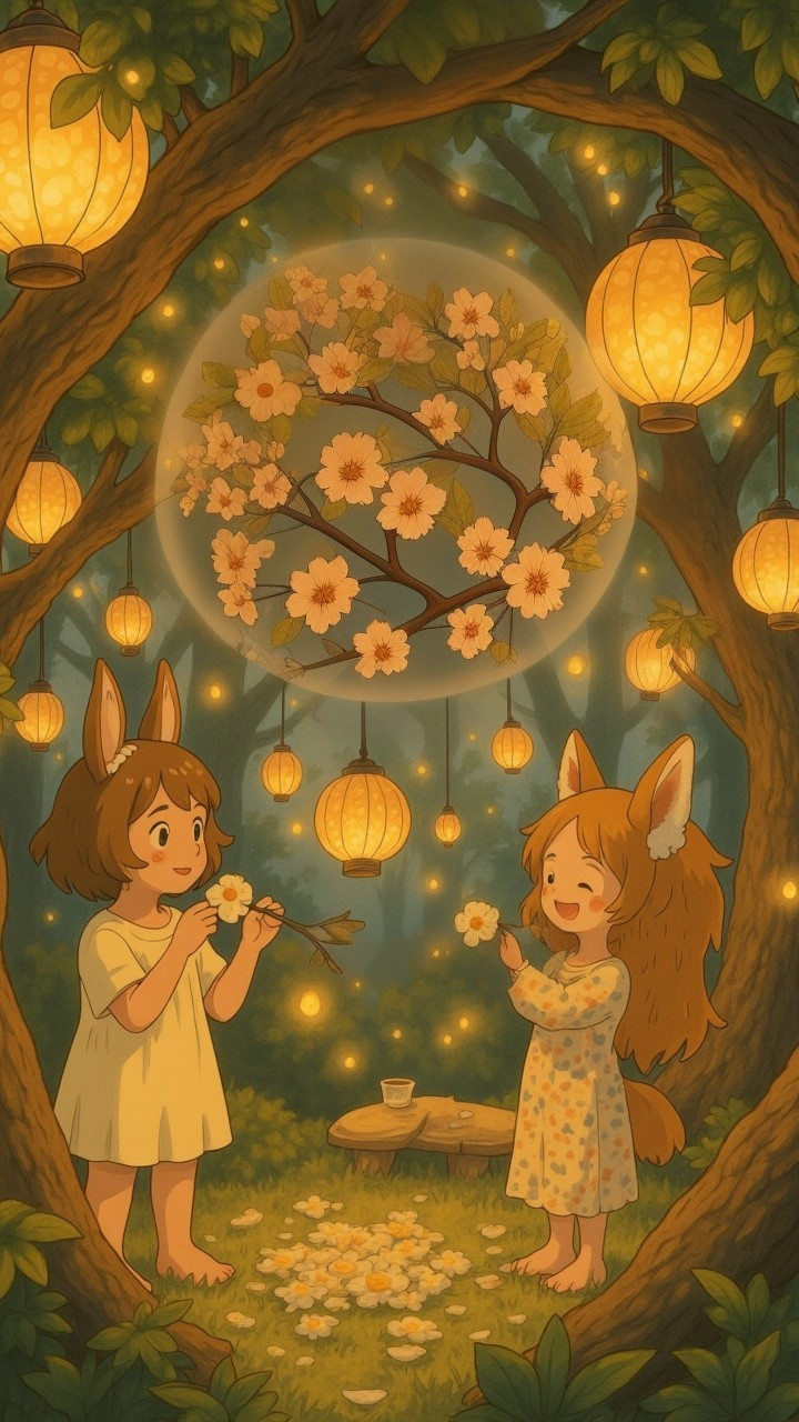 Whimsical Forest Glade with Girls Gathering Flowers