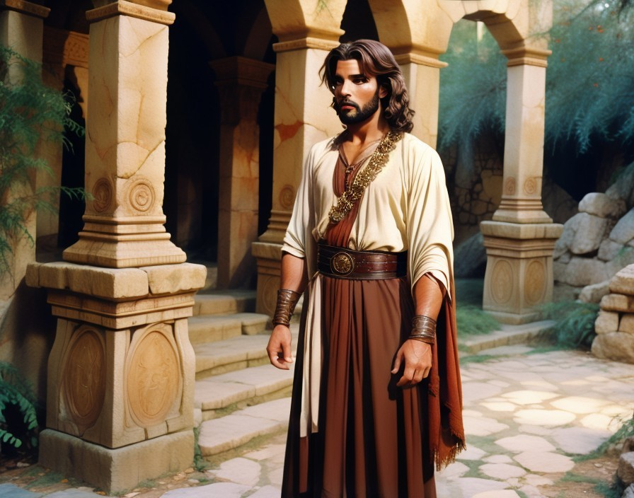 Confident Figure in Lush Historical Setting
