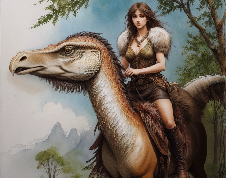 Young woman riding feathered dinosaur in lush landscape