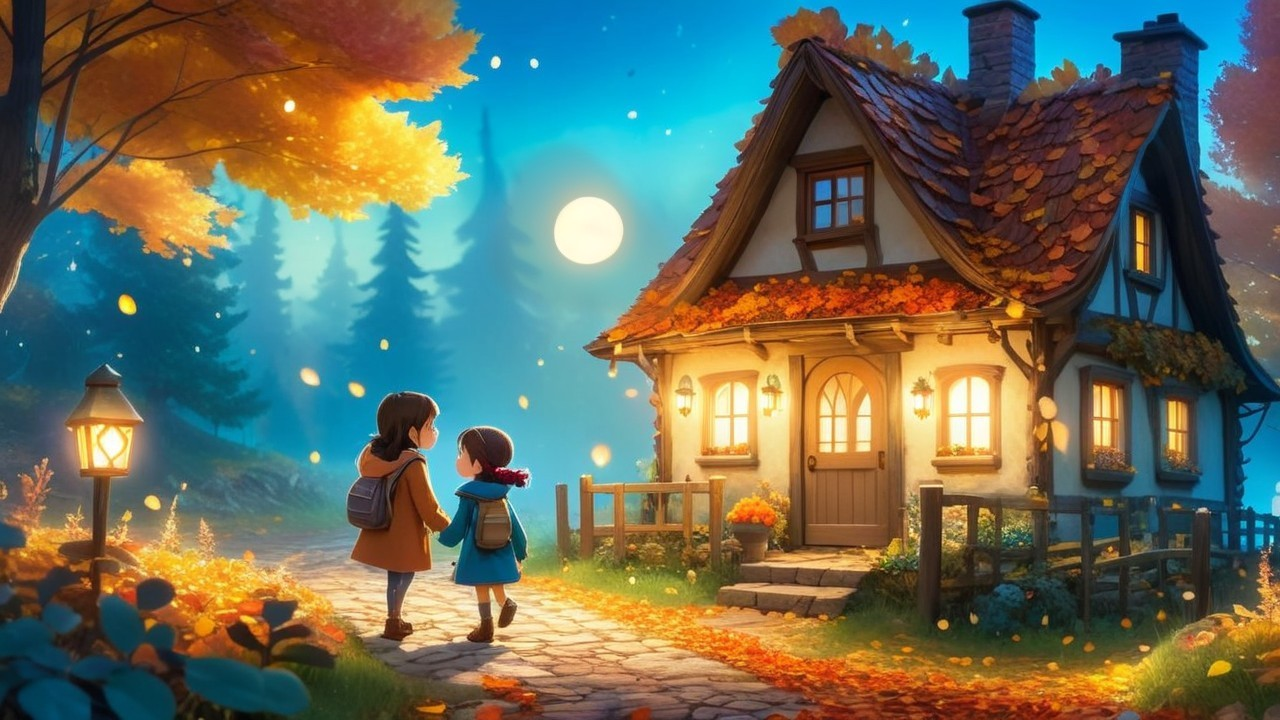 Autumn Scene with Children and Cozy Cottage