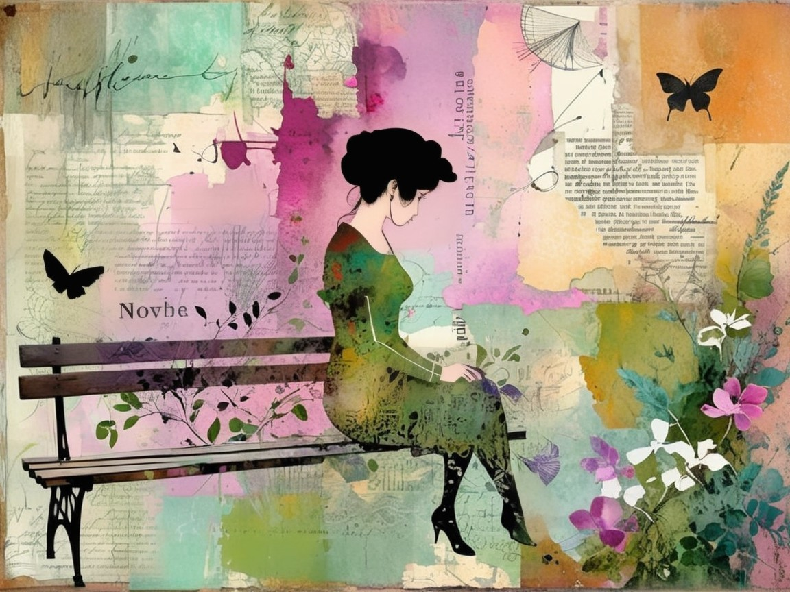 Woman on Bench Surrounded by Colorful Collage