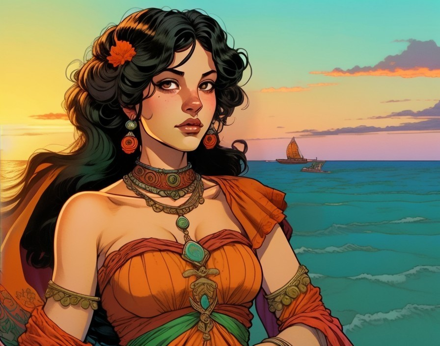 Woman in Vibrant Garments by Serene Ocean Sunset