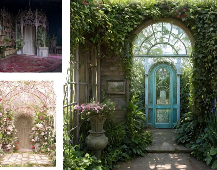 Enchanting Doorway Surrounded by Lush Greenery and Flowers