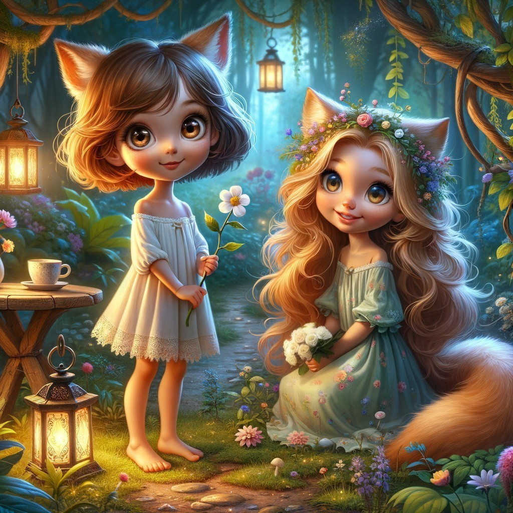 Whimsical forest glade with enchanting girls and flora