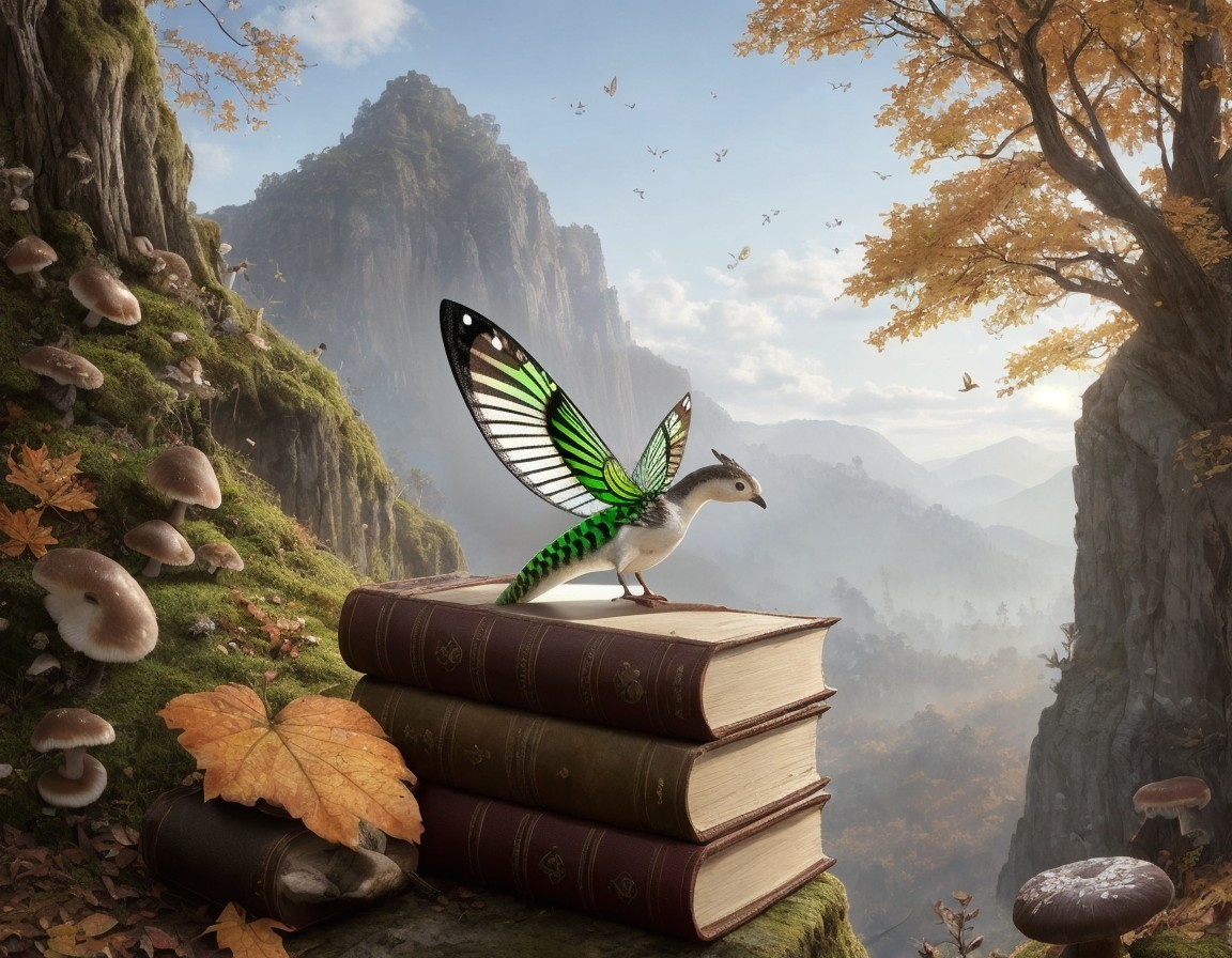 Autumn Landscape with Bird and Butterfly Wings