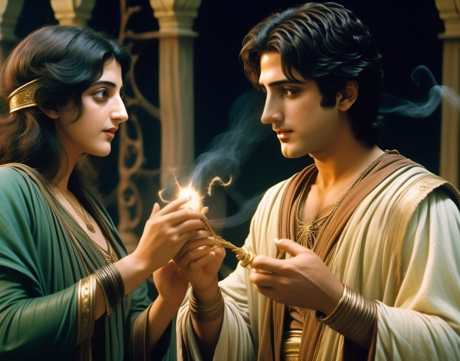 Young Couple Sharing a Sparkling Flame in Magic Setting