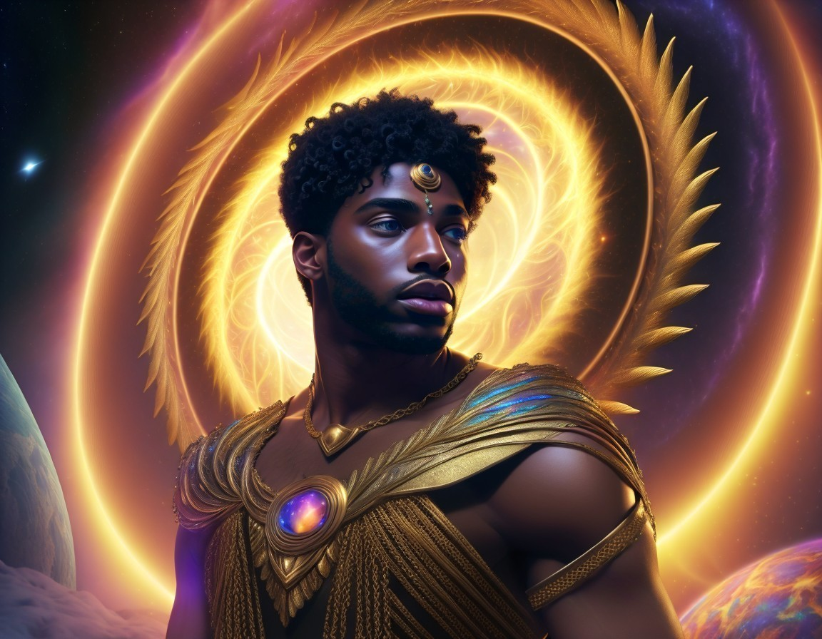 Regal figure in ornate golden attire with cosmic backdrop