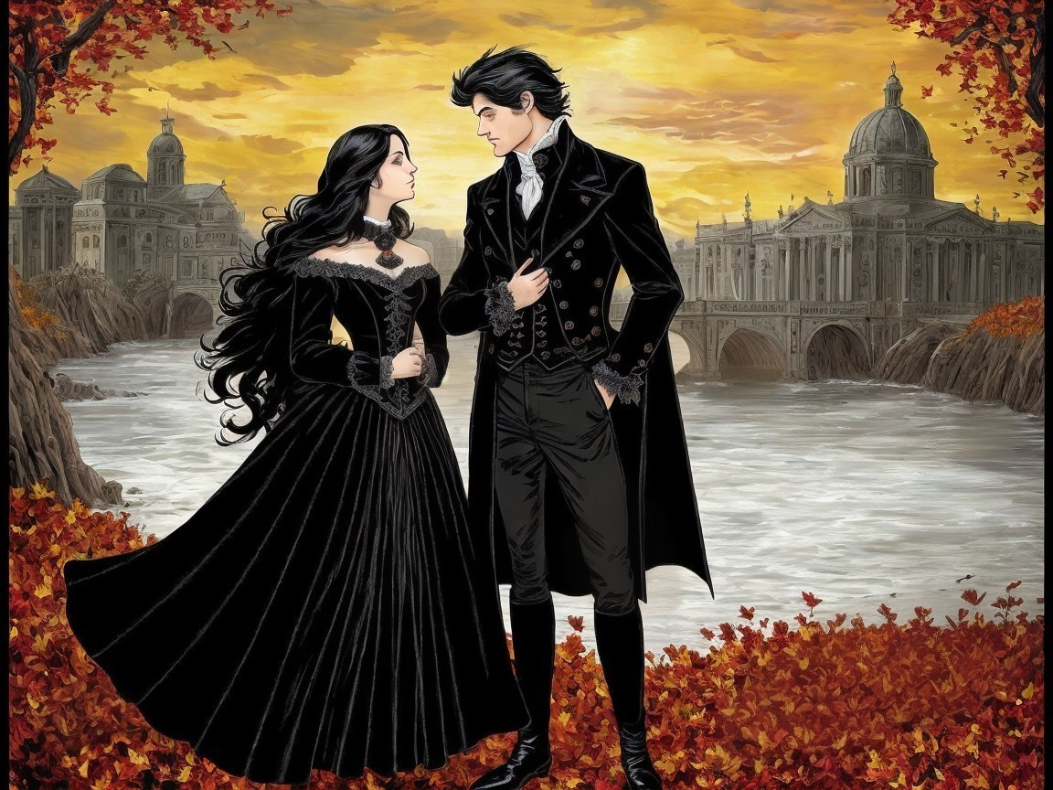 Gothic Couple by River in Fiery Autumn Setting