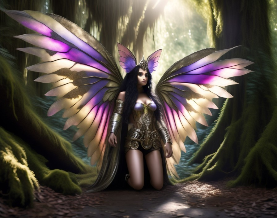 Fairy-like Figure in Mystical Forest with Shimmering Wings