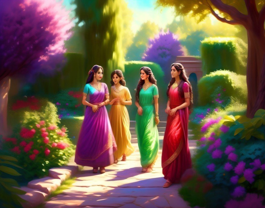 Serene garden scene with women in colorful sarees