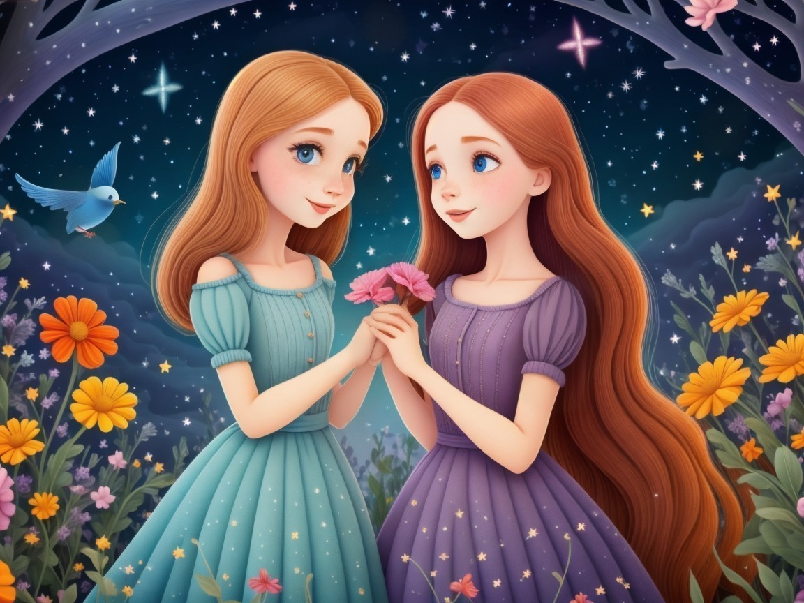 Whimsical Girls in Colorful Dresses in Flower Meadow