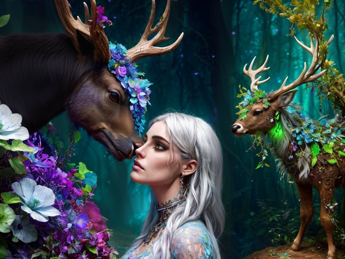 Mystical Woodland Scene with Silver-Haired Woman and Stag