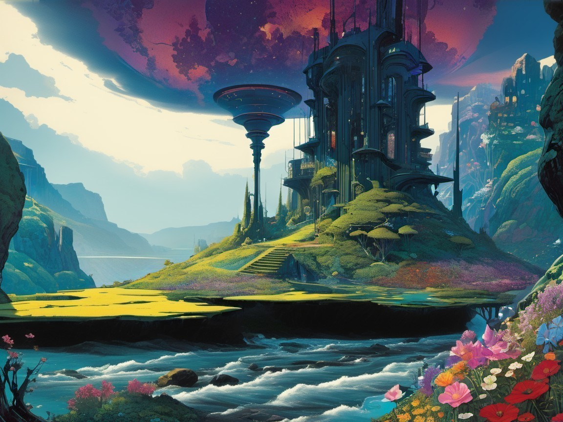 Vibrant Otherworldly Landscape with Majestic Structure