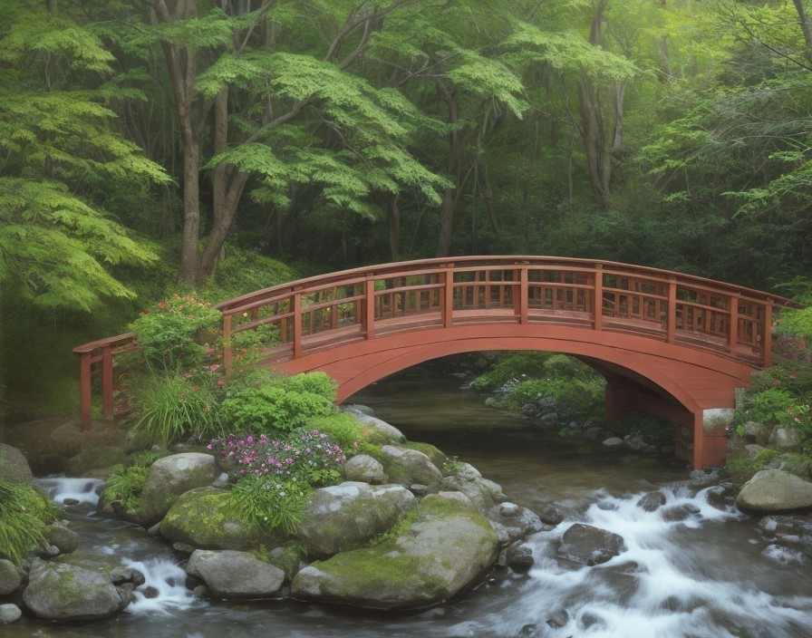 Wooden Arched Bridge Surrounded by Lush Greenery