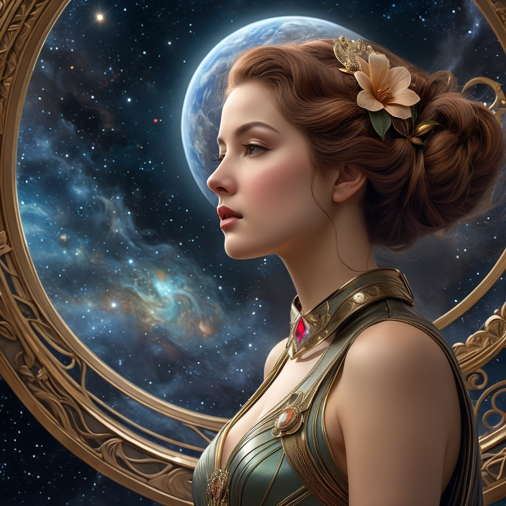 Young Woman in Cosmic Setting with Elegant Outfit