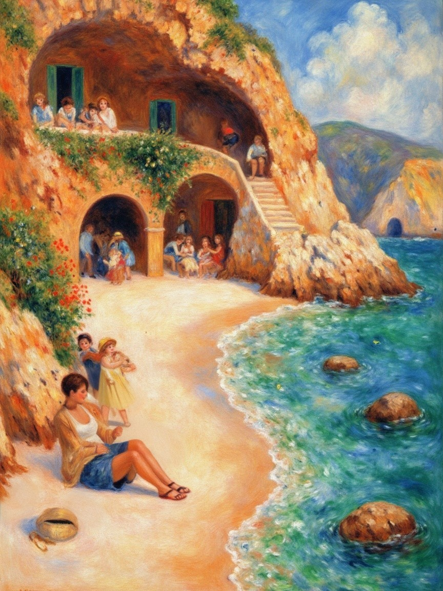 Coastal Scene with Cliffs, Beach, and Joyful Gatherings