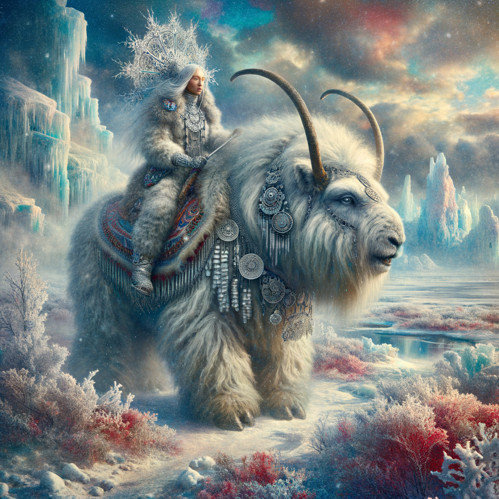 Icy Landscape with Figure on Woolly Creature