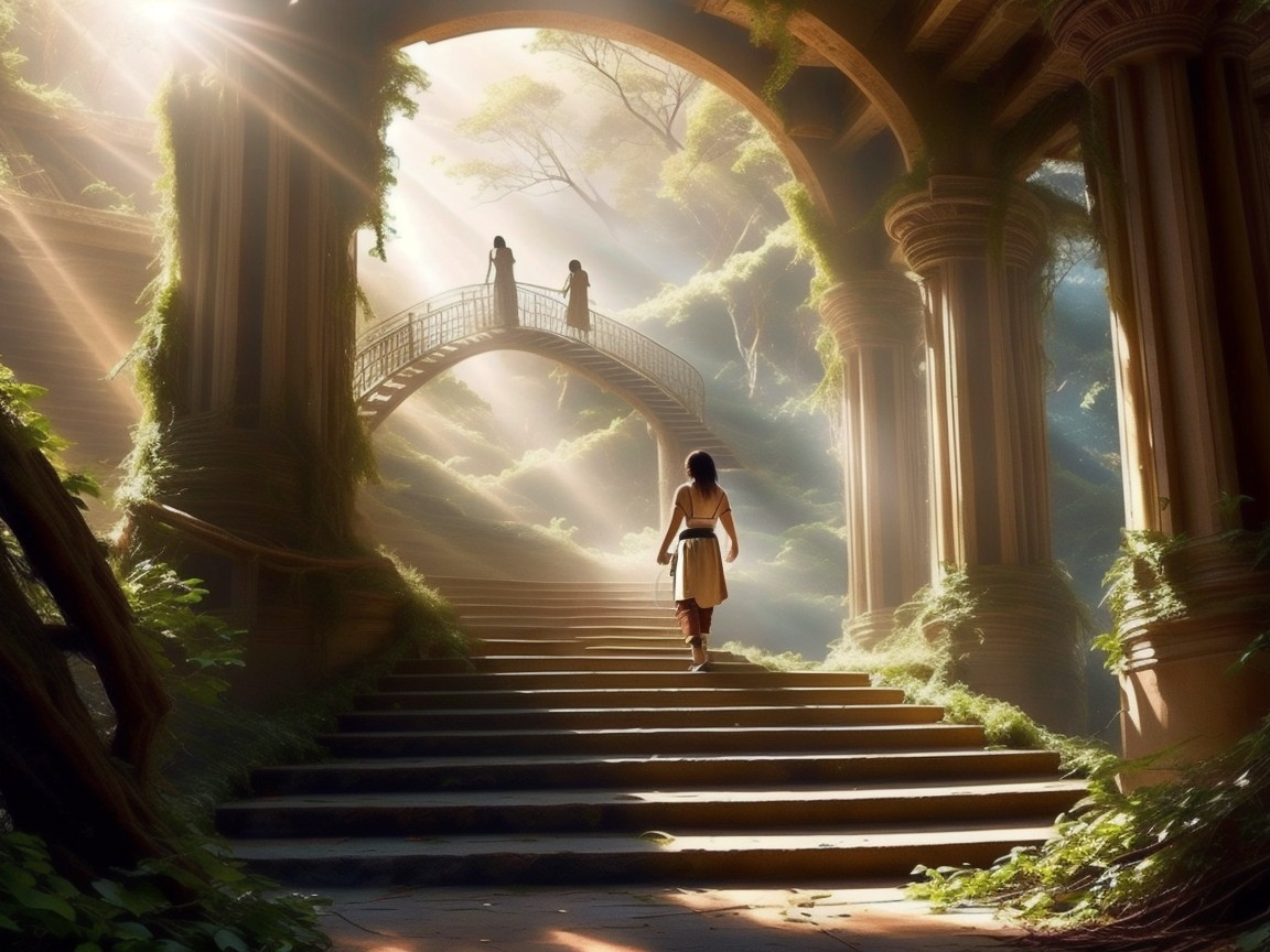 Mystical Forest with Sunlight, Stairs, and Bridge