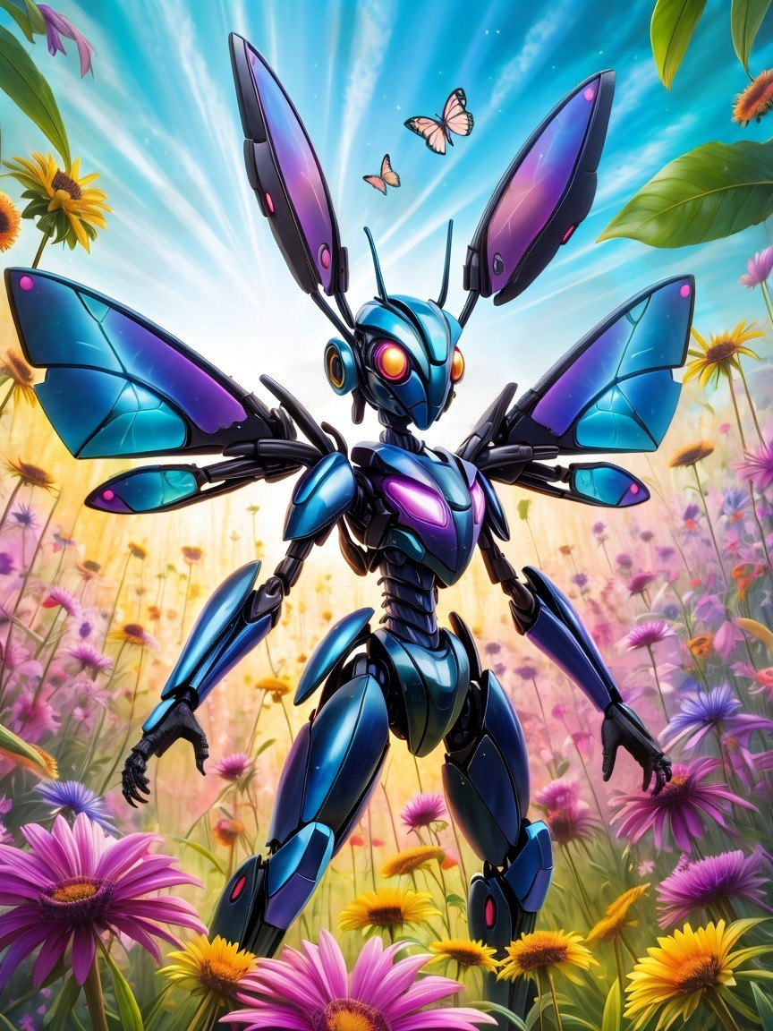Futuristic robotic butterfly in a wildflower field