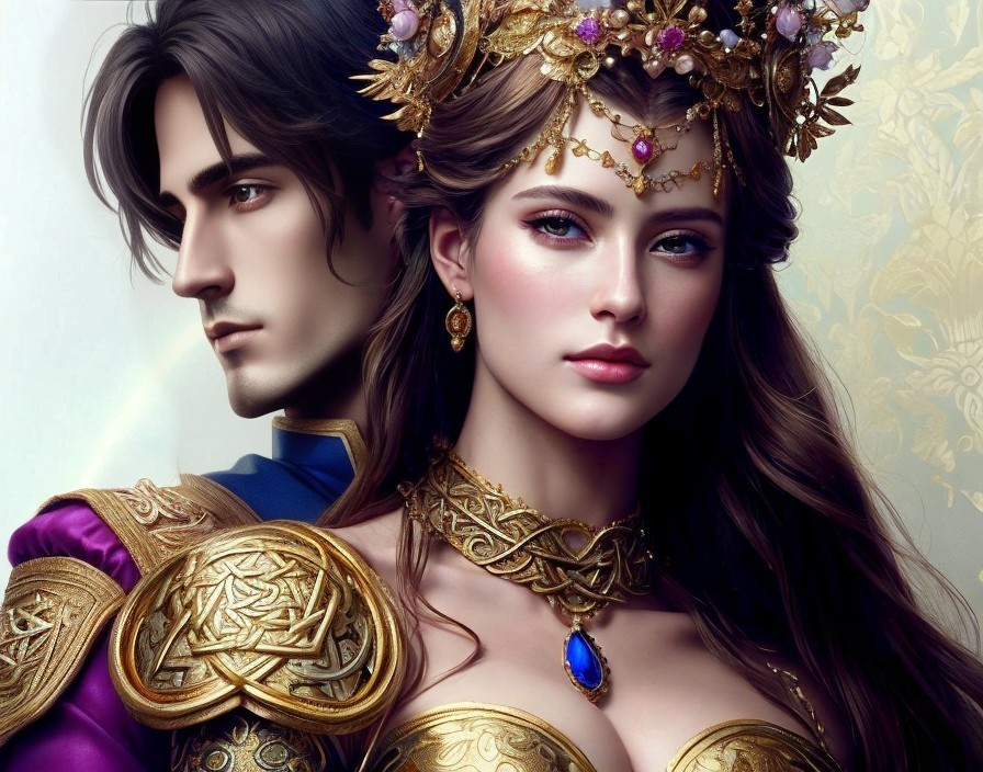 Regal Couple in Golden Crown and Armor Jewelry