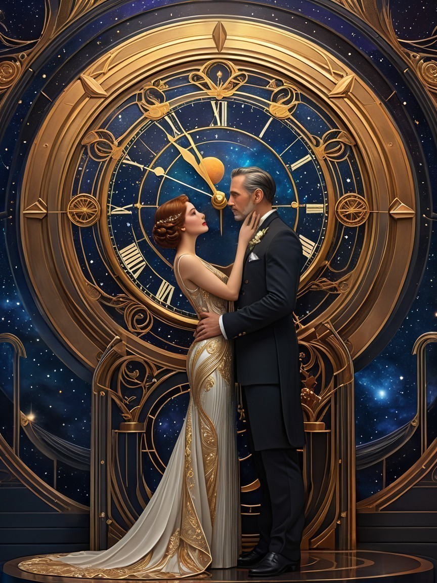Couple Embraced Before Ornate Clock in Cosmic Setting