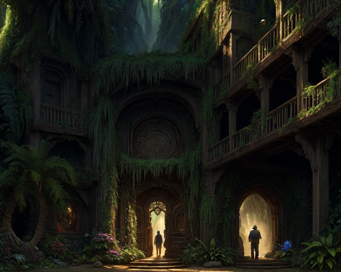 Mystical Overgrown Courtyard with Silhouetted Figures