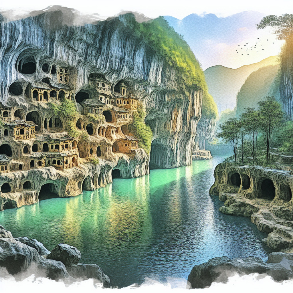 Serene River Landscape with Towering Cliffs and Caves