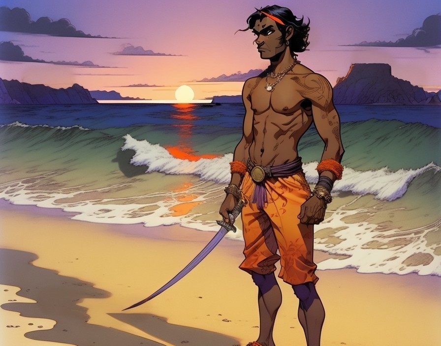 Sword-Wielding Warrior at Sunset Beach