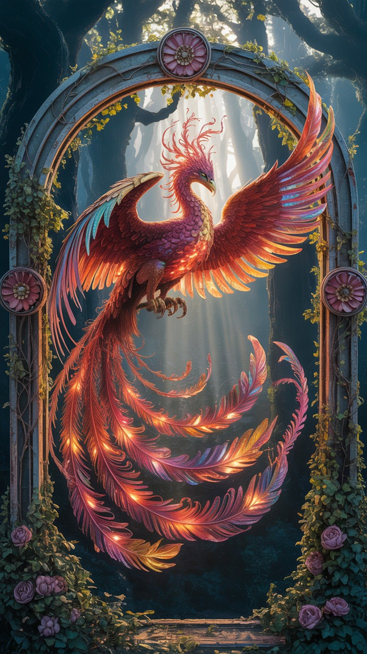 Vibrant phoenix in ornate archway within mystical forest