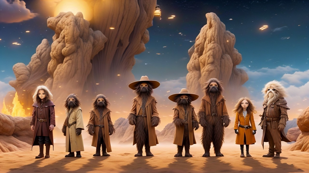 Whimsical Characters in Surreal Desert Landscape