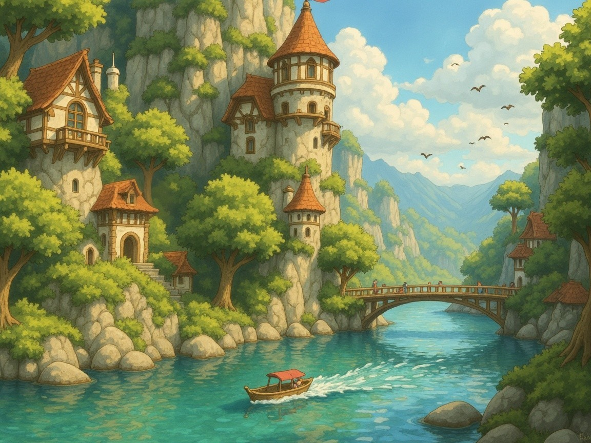 Medieval Houses and Scenic Landscape by a River