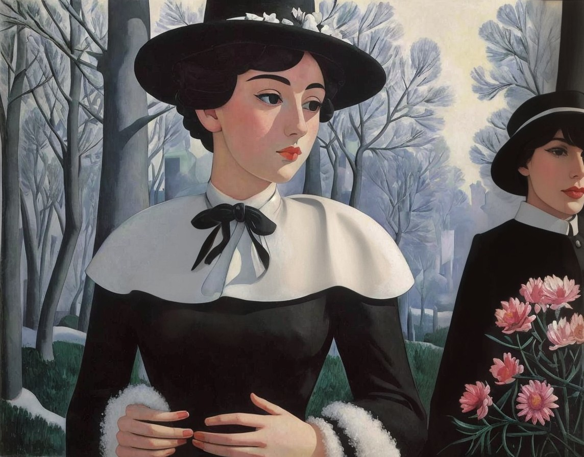 Elegantly Dressed Women in a Winter Landscape Painting
