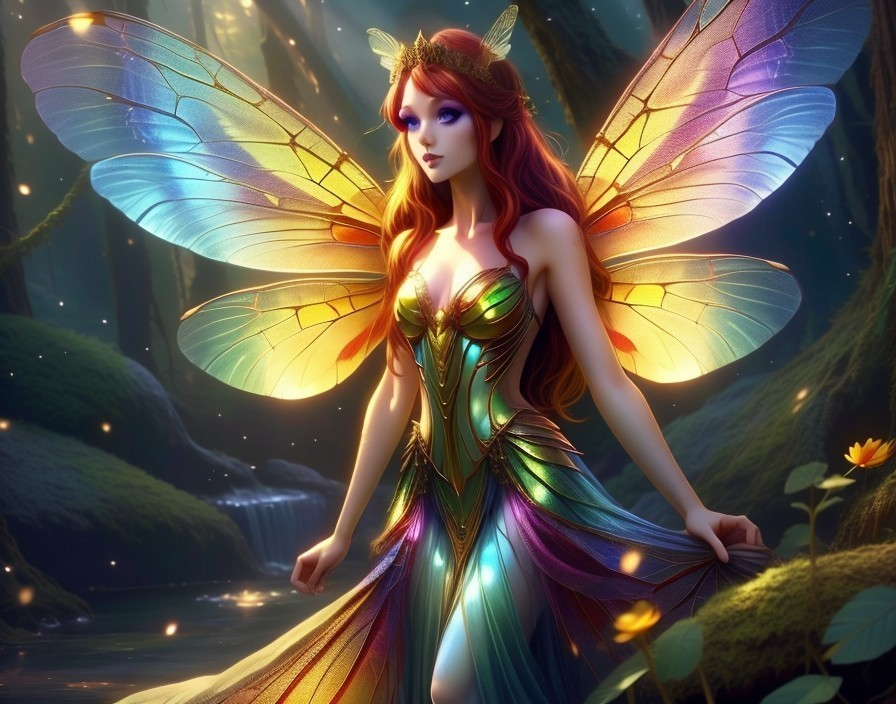 Fairy in Enchanted Forest with Iridescent Wings