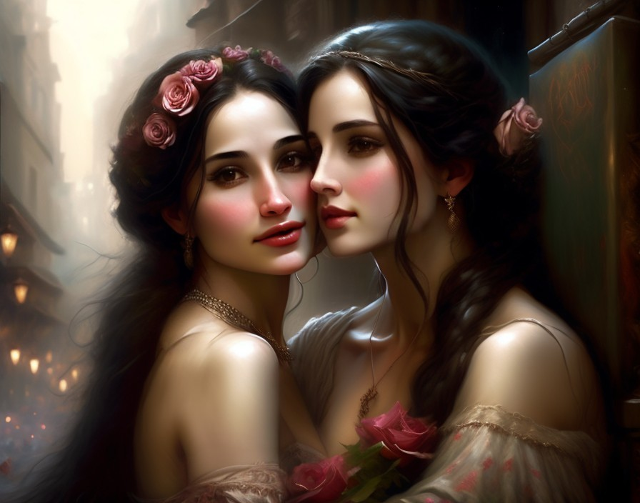 Elegant Women with Dark Hair and Roses in Vintage Attire