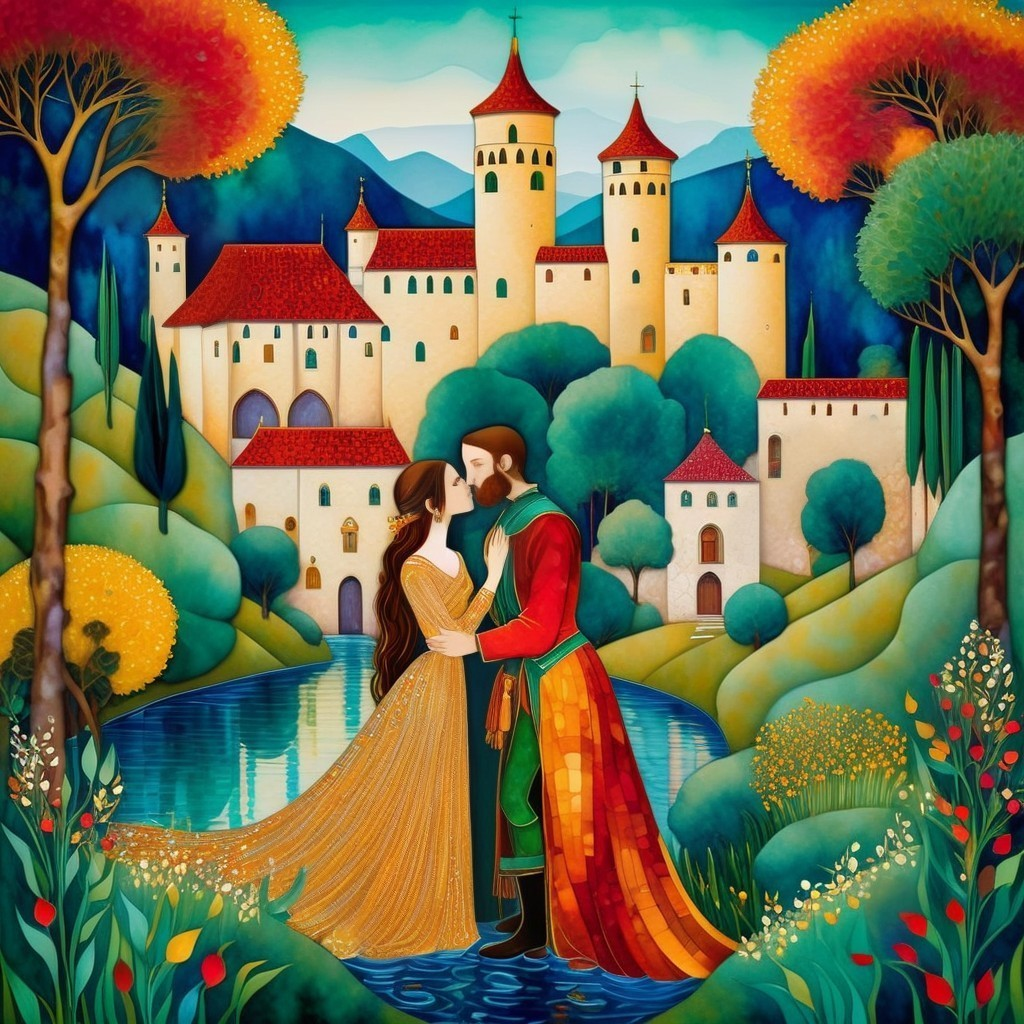 Romantic Embrace by a Tranquil Lake and Castle