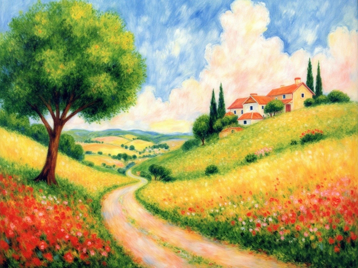 Serene Countryside Scene with Vibrant Wildflowers