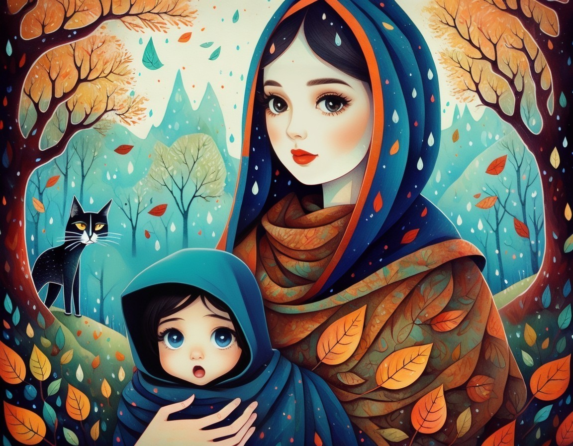 Woman and Child in Autumn Landscape with Trees and Cat