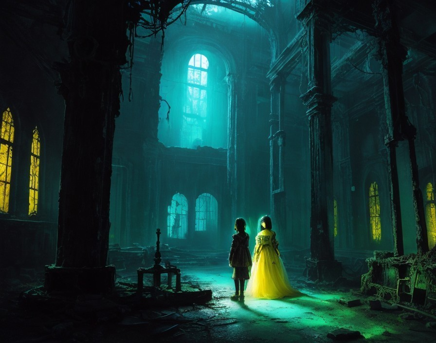 Children in an Abandoned Grand Hall with Stained Glass