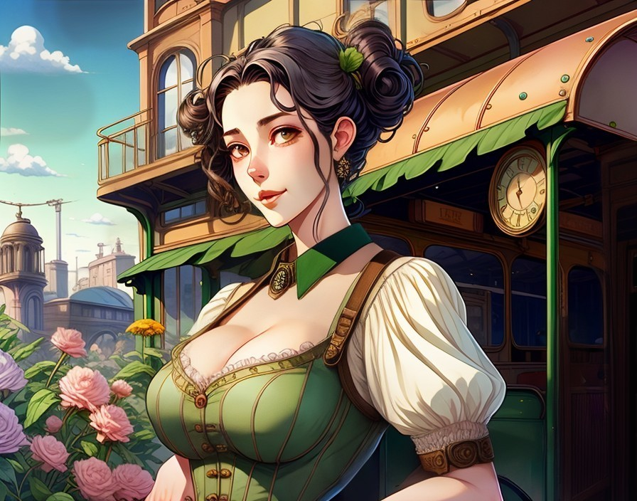 Young Woman in Green Dress by Vintage Tram and Roses