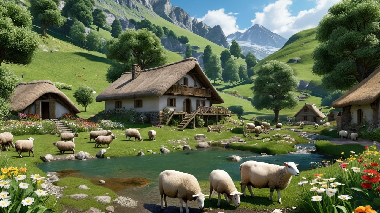 Serene Countryside with Cottages and Mountains