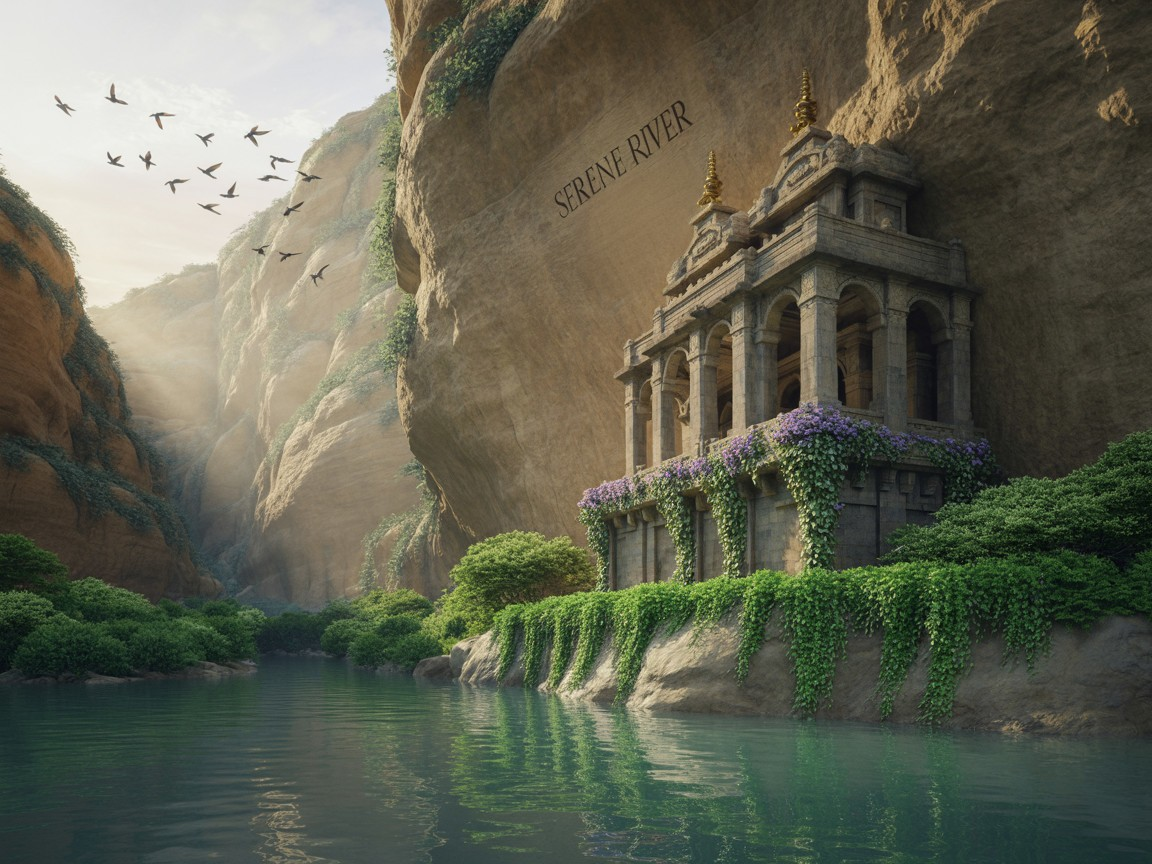 Tranquil River and Ancient Structure in Canyon Setting