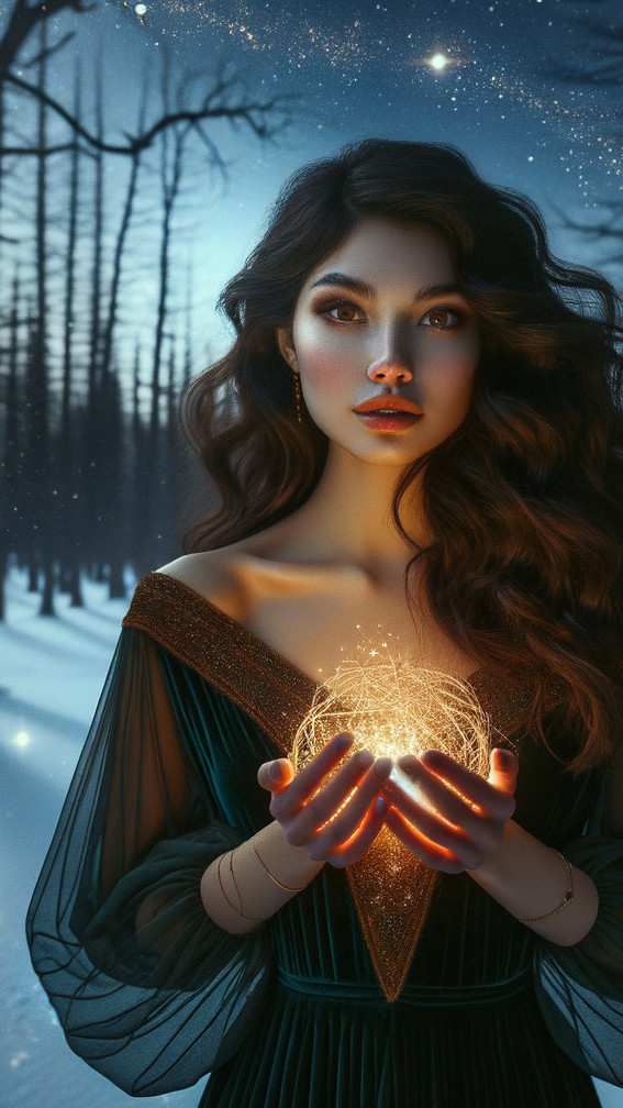Young woman in snowy landscape with glowing orb