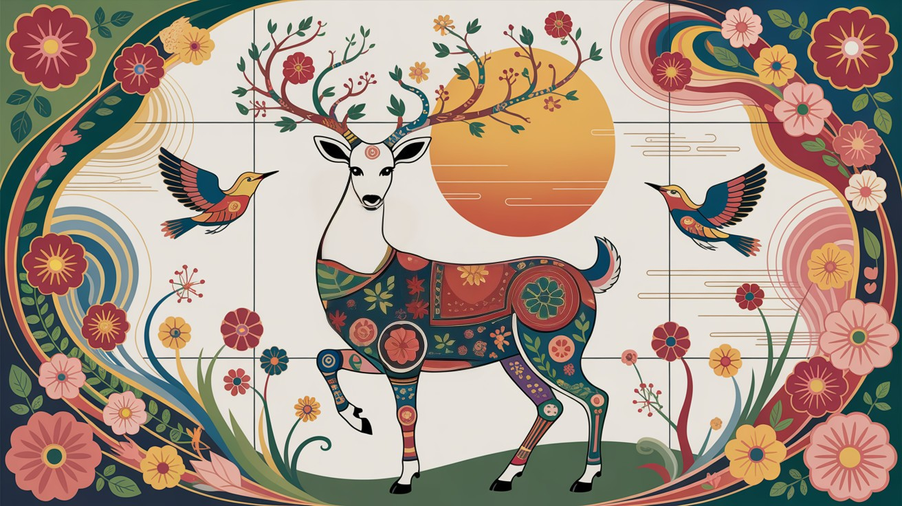 Vibrant Deer with Floral Patterns and Whimsical Birds